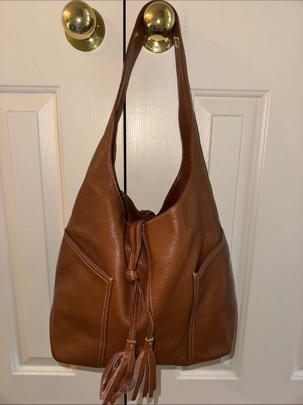 Laggo Women's Tan Leather Hobo Bag with Tassel Drawstring